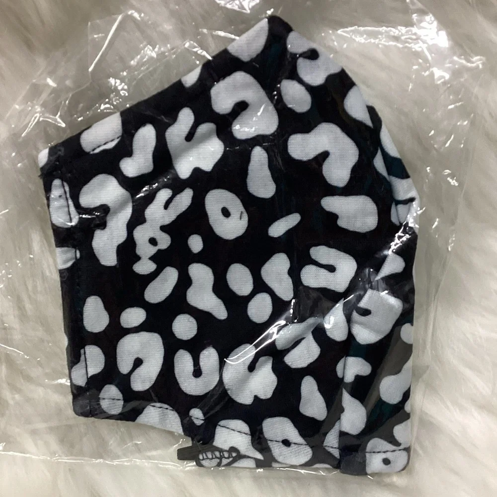 Cotton Face Masks W/ Ear Loops, 3pk, Black & White and Black & Tan Leopard, Lips
